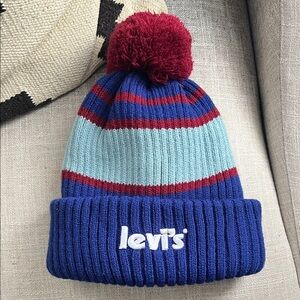 Levi's Blue and Red Knit Beanie with Pom